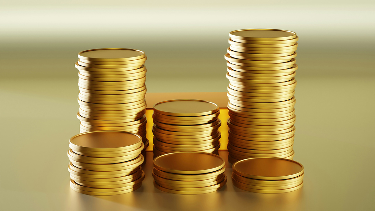 Six piles of illustrated gold coins of differing heights