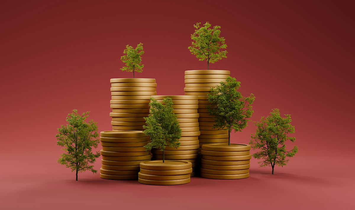 Illustrated image of red background and piles of coins with trees growing from them