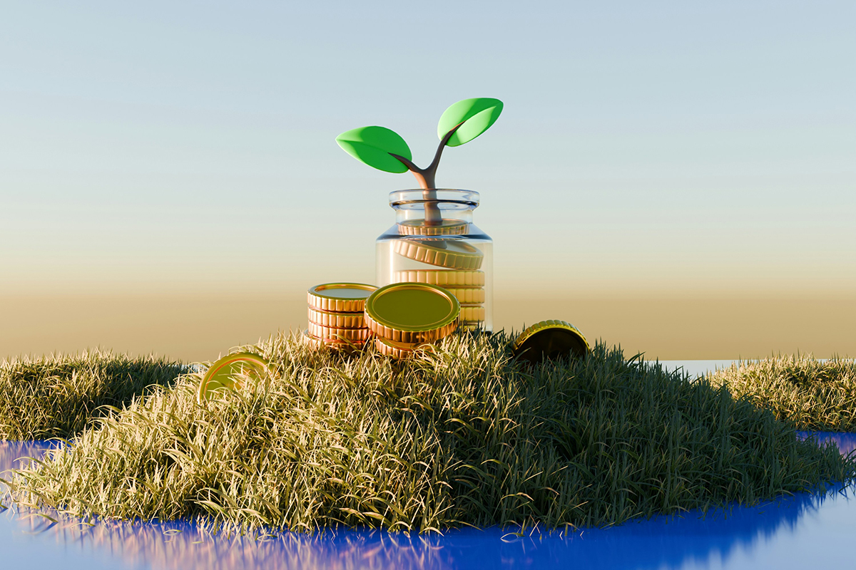An illustrated jar of coins with a leaf growing out of the top, on a mound of grass