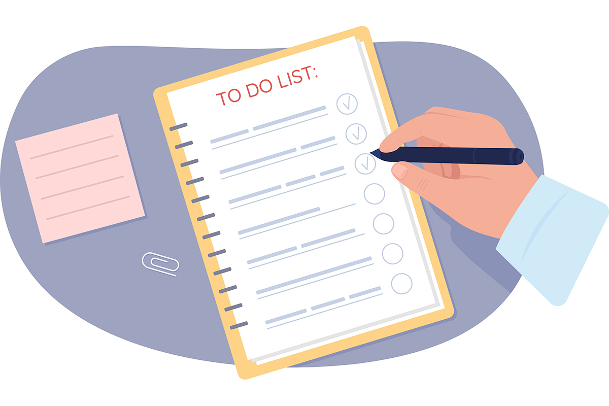 An illustrated to do list with a hand holding a pen ticking items off
