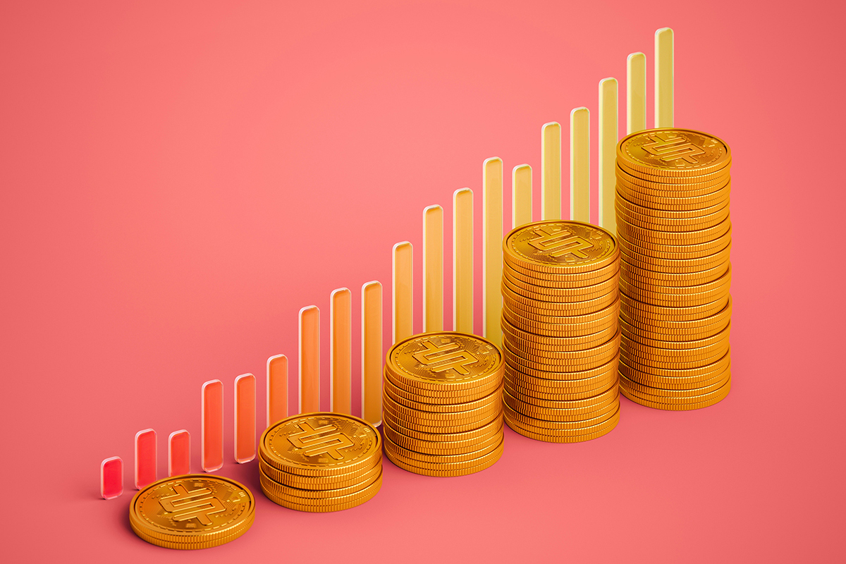 Illustration with a pink background and five increasing size piles of coins and an increasing size line chart behind