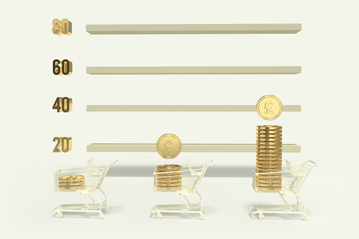 Illustration of a bar chart with trollies and coins being the bars getting bigger towards the right